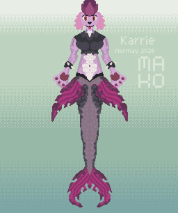 anthro clothing crop_top female fin fish_tail front_view fur merfur mohawk muscular pink_body pink_fur scales shirt smile smiling_at_viewer solo split_form topwear torn_fin makohyperion aquatic canid canine canis domestic_dog mammal merfolk absurd_res digital_media_(artwork) hi_res pixel_(artwork)