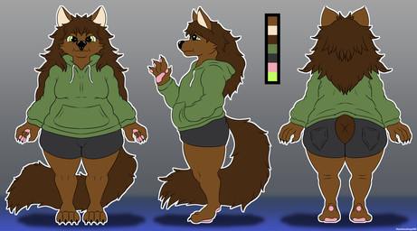 4_fingers 4_toes anthro bottomwear brown_body brown_fur brown_hair claws clothing feet fingers fur green_eyes hair long_hair looking_at_viewer male overweight pawpads shorts solo sweater toe_claws toes topwear heartlessangel3d lil'goober_(happylilgoober) canid canine mammal absurd_res hi_res model_sheet