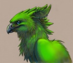 ambiguous_gender beak black_beak blue_eyes ear_piercing feathered_wings feathers feral green_body green_feathers piercing pink_background side_view simple_background smile solo wings moth-eatn mythology likeshine_(character) avian bird gryphon mythological_avian mythological_creature half-length_portrait portrait