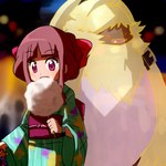 anthro asian_clothing brown_hair candy clothing cotton_candy dessert duo east_asian_clothing female food fur hair hair_over_eyes japanese_clothing long_ears male ponytail_ears yellow_body yellow_fur yukata hamu_ym bandai_namco digimon digimon_ghost_game angoramon_(ghost_game) ruri_tsukiyono angoramon digimon_(species) human lagomorph leporid mammal rabbit 1:1