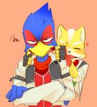 anthro blue_body blue_feathers duo feathers happy male male/male smile kemo_nuko nintendo star_fox falco_lombardi fox_mccloud avian bird canid canine fox mammal