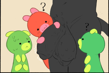 2_antennae ambiguous_gender antennae_(anatomy) anthro balls bestiality big_balls big_penis black_body black_eyes black_fur black_tail bodily_fluids feral foreskin fur genitals green_antennae green_body group hand_on_penis huge_balls huge_penis looking_at_another looking_at_genitalia looking_at_penis male male/ambiguous multicolored_body penis pink_antennae pink_body pubes question_mark red_body size_difference standing sweat tail two_tone_body sushiamazing bits_and_bops sushi_(sushiamazing) arthropod caterpillar domestic_cat felid feline felis insect larva mammal 2025 digital_media_(artwork)