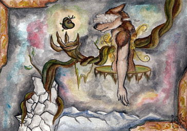 anthro black_nose brown_body brown_fur cloud ears_back fur logo male mouth_closed obscured_eyes pivoted_ears side_view solo tan_body tan_fur kola_(artist) canid canine mammal 2013 artist_logo dated traditional_media_(artwork)