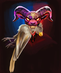 abstract_background anthro bite blood blood_in_mouth bodily_fluids death duo fangs feral glowing glowing_eyes looking_at_viewer male neck_bite occult_symbol pentagram symbol teeth gentlemandemon avian bird demon absurd_res headshot_portrait hi_res portrait