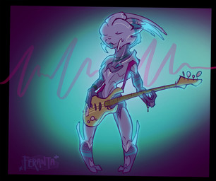 2_toes 3_fingers bass_guitar black_border blue_markings border chibi eyes_closed feet fingers guitar holding_object jewelry light male markings musical_instrument necklace nude plucked_string_instrument purple_body smile solo standing string_instrument toes toony raiyk bioware electronic_arts mass_effect fan_character loganhen alien humanoid turian 2016 colored digital_media_(artwork) full-length_portrait portrait shaded signature