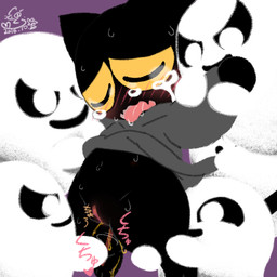 anthro blush bodily_fluids bottomless bottomwear cloak clothed clothing clothing_lift female forced genital_fluids genitals group heart_symbol penetration saliva skirt skirt_lift stick sweat tears text tongue tongue_out urine vaginal vaginal_penetration vulva cotora google google_doodle magic_cat_academy momo_(google) felid ghost mammal spirit 1:1 2018 japanese_text