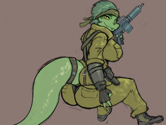 accessory anthro big_breasts biped boots bottomwear breasts clothed clothed_anthro clothed_female clothing combat_boots female fingerless_gloves fingers footwear furgonomics gloves green_body green_bottomwear green_clothing green_hair green_jacket green_pants green_topwear grey_eyes gun hair handwear head_turned headband holding_gun holding_object holding_ranged_weapon holding_weapon humanoid_hands jacket long_tail looking_at_viewer looking_back non-mammal_breasts pants plantigrade ranged_weapon rear_view shoes short_hair simple_background sitting smile solo tail topwear weapon yellow_sclera crumbdestroyer cavemanon_studios i_wani_hug_that_gator konami metal_gear metal_gear_solid_3 olivia_halford the_boss_(mgs) baryonyx dinosaur prehistoric_species reptile saurischian scalie spinosaurid theropod 2025 colored hi_res