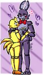 beak blush bow_tie duo feathers female flower heart_symbol love machine male male/female plant tail tail_feathers reikoi02 five_nights_at_freddy's scottgames bonnie_(fnaf) chica_(fnaf) animatronic avian bird chicken galliform gallus_(genus) lagomorph leporid mammal phasianid rabbit robot