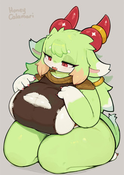 anthro big_breasts biped breasts clothed clothed_female clothing cute_fangs fangs female female_anthro fur green_body green_ears green_fur huge_breasts multicolored_body multicolored_fur non-mammal_breasts open_mouth overweight overweight_anthro overweight_female red_eyes side_boob solo teeth thick_thighs white_body white_ears white_fur wide_hips honeycalamari 2026 hi_res
