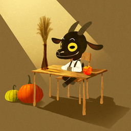 anthro apple black_body black_bottomwear black_clothing black_fur black_pants bottomwear chair clothing collared_shirt desk dress_shirt food fruit fur furniture horn light male pants plant pumpkin school shadow shirt smile solo table topwear white_dress_shirt yellow_sclera cseed bovid caprine goat mammal 1:1