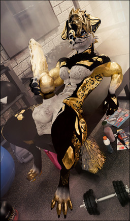 animal_genitalia anthro balls big_balls big_penis black_body black_border black_fur bodily_fluids border canine_genitalia cum cum_drip cum_on_penis dripping ejaculation erection fur genital_fluids genitals gold_penis gym hair huge_penis knot looking_at_viewer magazine male multicolored_body multicolored_fur muscular muscular_anthro muscular_arms muscular_male nude paws penile penis presenting smile smiling_at_viewer solo spreading text training_weights white_body white_fur yellow_body yellow_fur lill_esp ddtghost canid canine canis domestic_dog mammal rexouium 3d_(artwork) absurd_res blender_(artwork) digital_media_(artwork) english_text hi_res