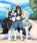 anthro beach big_breasts bikini blue_hair bottomwear breast_grab breasts clothing digitigrade female female_anthro fur gesture group hair hand_gesture hand_on_breast looking_at_viewer male male_anthro multicolored_body multicolored_fur plantigrade shorts swimwear tongue tongue_out trio two-piece_swimsuit v_sign white_body white_fur goatykai tsarina berger_blanc_suisse canid canine canis domestic_dog herding_dog mammal pastoral_dog absurd_res hi_res huge_filesize
