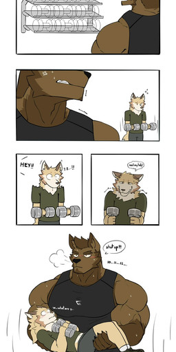 anthro big_muscles black_claws black_clothing black_shirt black_tank_top black_topwear blue_bottomwear blue_clothing blue_shorts blush bodily_fluids bottomwear brown_body brown_eyebrows brown_fur brown_hair brown_inner_ear claws clenched_teeth clothed clothed_anthro clothed_male clothing countershade_fur countershade_neck countershade_torso countershading counting cross-popping_vein dialogue dumbbell duo exclamation_point exercise eyebrows finger_claws flesh_fang folded_ears footwear fully_clothed fully_clothed_anthro fully_clothed_male fur furrowed_brow green_bottomwear green_clothing green_footwear green_shirt green_shoes green_shorts green_topwear hair holding_another holding_dumbbell holding_object inner_ear_fluff male motion_lines mouth_closed muscular muscular_male open_mouth patreon_logo patreon_username print_clothing print_shirt print_tank_top print_topwear scared shaking shelf shirt shoes shorts simple_background socks solo speech_bubble surprised sweat sweatdrop sweaty_arms sweaty_face tail tan_body tan_fur tan_inner_ear_fluff tank_top teeth text topwear trembling tuft weightlifting weights white_background white_body white_clothing white_countershading white_footwear white_fur white_inner_ear white_socks workout wolfblack43 patreon canid canine canis domestic_dog mammal 2025 artist_name comic digital_drawing_(artwork) digital_media_(artwork) english_text hi_res