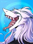 abstract_background anthro blue_eyes forked_tongue fur licking lips looking_at_viewer male open_mouth open_smile self_lick sharp_teeth side_view simple_background smile solo teeth tongue tongue_out uvula white_body white_fur ulna_moon ral_(ex-exist) sergal absurd_res hi_res