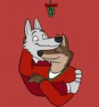 anthro brown_body brown_fur clothing duo eyes_closed fur hug kissing_bough male male/male mistletoe nuzzling plant simple_background smile sweater topwear white_body white_fur skunkbutt_(artist) disney zootopia gary_(zootopia) larry_(zootopia) canid canine canis mammal wolf