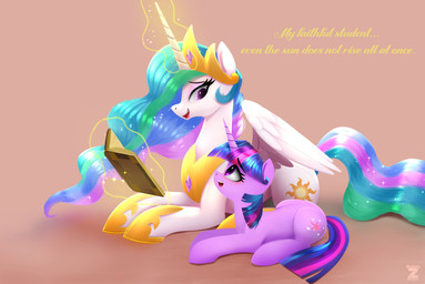 duo female feral glowing glowing_horn horn lying magic on_front regalia simple_background telekinesis wings darksly-z friendship_is_magic hasbro my_little_pony mythology princess_celestia_(mlp) twilight_sparkle_(mlp) equid equine mammal mythological_creature mythological_equine unicorn winged_unicorn hi_res