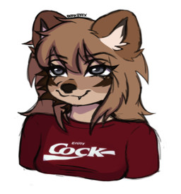 anthro bangs blue_eyes brown_inner_ear brown_markings cheek_tuft clothing crossed_bangs facial_tuft female fur fur_markings hair inner_ear_fluff logo logo_on_clothing looking_up markings messy_hair mole_(marking) multicolored_body multicolored_fur neck_tuft orange_body orange_fur orange_hair profanity red_clothing red_shirt red_topwear shirt simple_background smile smug snaggle_tooth solo t-shirt three-quarter_view topwear tuft white_background berketex emma_(berketex) canid canine dhole mammal bust_portrait portrait