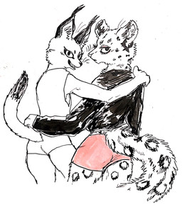 anthro black_body black_clothing black_fur black_spots blush bottomwear butt cheek_tuft clothed clothing dipstick_tail duo ear_piercing ear_ring ear_tuft eyelashes facial_tuft fangs female fur inner_ear_fluff jacket looking_at_viewer looking_back looking_back_at_viewer markings open_mouth piercing pink_clothing rear_view ring_piercing shirt shorts simple_background smile spots spotted_body spotted_fur spotted_markings spotted_tail standing tail tail_markings teeth topwear tuft white_background white_body white_fur kyokyota caracal caracal_(genus) felid feline leopard lynx mammal pantherine 2017 hi_res traditional_media_(artwork)