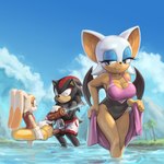 anthro big_breasts breasts cleavage clothed clothing female group male one-piece_swimsuit pool_toy swimwear toy toy_gun trio water_gun kujalla sega sonic_the_hedgehog_(series) cream_the_rabbit rouge_the_bat shadow_the_hedgehog eulipotyphlan hedgehog lagomorph leporid mammal rabbit 1:1 2024 hi_res