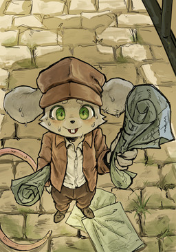 anthro biped black_nose blush bodily_fluids bottomwear clothing detailed_background green_eyes grey_body hat headgear headwear kemono male nervous newspaper open_mouth outside pants shirt solo sweat topwear pyodyam mammal mouse murid murine rodent 2025 absurd_res hi_res