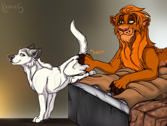 ambiguous_feral ambiguous_gender bed blue_eyes cheek_tuft closed_smile duo facial_tuft feral freckled_face freckles fur furniture glistening glistening_eyes green_eyes grey_pawpads heterochromia leg_tuft male male_feral mane mouth_closed neck_tuft on_bed orange_body orange_fur orange_mane pawpads side_view simple_background smile tail tuft whiskers white_body white_fur white_tail yellow_sclera kodaac canid canine felid lion mammal pantherine