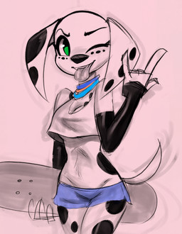 anthro black_nose black_spots blue_bottomwear blue_clothing blue_shorts bottomwear breasts clothing crop_top fangs female floppy_ears freckled_face freckles fur green_eyes holding_skateboard hotpants leg_markings long_ears looking_at_viewer markings midriff minishorts one_eye_closed shirt shorts socks_(marking) solo spots spotted_body spotted_fur t-shirt teeth tongue tongue_out topwear under_boob white_body white_clothing white_fur white_shirt white_t-shirt white_topwear wink winking_at_viewer soulcentinel 101_dalmatian_street 101_dalmatians disney dolly_(101_dalmatians) canid canine canis dalmatian domestic_dog mammal