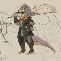anthro anthrofied beak claws clothed clothing digitigrade feathers fingerless_gloves footless_legwear gloves green_body green_scales hand_on_hip handwear male melee_weapon outside plant purple_body purple_feathers rock scales solo sword tan_body tan_feathers tan_scales tree weapon iscofish capcom monster_hunter bird_wyvern scalie seikret 1:1