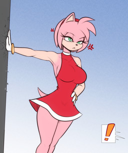 accessory alternate_breast_size alternate_form anthro anthrofied big_breasts biped black_nose breasts clothed clothed_anthro clothed_female clothing collarbone cross-popping_vein dress exclamation_point eyelashes female female_anthro fingers fully_clothed fully_clothed_anthro fully_clothed_female gloves gradient_background green_eyes hair_accessory hairband hand_on_hip hand_on_own_hip handwear iris mouth_closed pink_body pupils red_hairband short_tail simple_background small_nose solo tail tan_body wearing_gloves white_clothing white_gloves white_handwear scorpdk sega sonic_the_hedgehog_(series) amy_rose eulipotyphlan hedgehog mammal 2026 hi_res