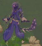 anthro black_body clothed clothing grass grey_hair hair long_hair male outside pink_eyes plant skimpy solo unknown_artist scalie unknown_species