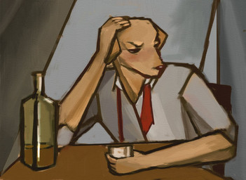 alcohol alcohol_bottle anthro beverage beverage_bottle blush bottle chair clothing container drunk eyebrows fur furniture glass hand_on_head holding_glass holding_object inside male narrowed_eyes necktie on_chair red_necktie shirt sitting sitting_on_chair solo substance_intoxication table topwear vodka yellow_body yellow_fur reynard_goodfellow canid canine canis domestic_dog mammal