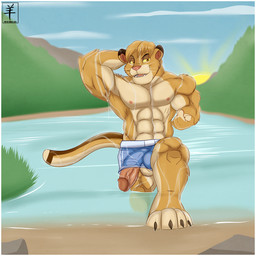 abs amber_eyes anthro athletic balls bath beckoning biceps big_muscles big_penis biped blonde_hair blue_bottomwear blue_clothing border bottomwear brown_body brown_eyes brown_fur brown_hair bulge claws clothed clothing clothing_aside crouching erection fangs flexing fur genitals gesture grin hair humanoid_genitalia humanoid_penis looking_at_viewer male muscular muscular_anthro muscular_male nipples orange_eyes partially_submerged pecs penis penis_poking_out penis_through_leghole pink_nose presenting shorts smile solo standing step_pose swimwear tail tan_body tan_fur teeth tight_bottomwear tight_clothing toe_claws topless underwear underwear_aside vein wardrobe_malfunction water wet whiskers white_border aaron_(artist) lun cougar felid feline mammal 1:1 2013 digital_media_(artwork) hi_res