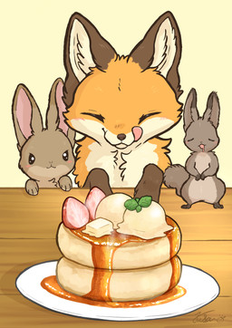 ambiguous_gender bodily_fluids brown_body brown_fur eyes_closed feral food fruit fur grey_body grey_fur group licking licking_lips lips orange_body orange_fur pancake plant saliva strawberry tongue tongue_out white_body fusau canid canine fox lagomorph leporid mammal rabbit red_fox rodent sciurid true_fox 2025 absurd_res hi_res
