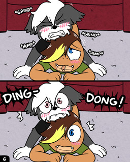 ass_up blush blush_lines bound clenched_teeth clothed clothing forked_tongue from_behind_position front_view fur hair inside knotting leapfrog_position looking_pleasured male male/male partially_clothed sex teeth tongue tongue_out young pokefound da_silva gordon_(pokefound) pink_(pink) border_collie canid canine canis collie colubrid corn_snake domestic_dog herding_dog lampropeltini mammal pastoral_dog rat_snake reptile scalie sheepdog snake 4:5 comic hi_res