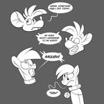 derpy dialogue gender_transformation group mtf_transformation text transformation trevor-fox friendship_is_magic hasbro my_little_pony derpy_hooves_(mlp) trevor-fox_(character) equid equine horse mammal mouse murid murine pony rodent 1:1 english_text hi_res monochrome