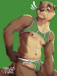 anthro artist_logo blush bodily_fluids briefs brown_body brown_fur bulge clothing clothing_pull crop_top dripping erection fur furry-specific_brand genital_fluids genitals green_background green_briefs green_clothing green_crop_top green_shirt green_topwear green_underwear hi_res humanoid_genitalia humanoid_penis logo looking_at_genitalia looking_at_penis male mammal mike_(rudderbutts) muscular mustelid nipples otter pecs penis poking_out portrait pose precum precum_drip river_otter rudderbutts senor_nutria shirt signature simple_background solo text text_on_briefs text_on_clothing text_on_underwear three-quarter_portrait topwear underwear underwear_pull whiskers white_seam_briefs wide_eyed