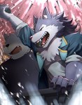 anthro cheering duo fur grey_body grey_fur male smile ponzu_tas lifewonders tokyo_afterschool_summoners hati_(tas) canid canine canis mammal wolf hi_res