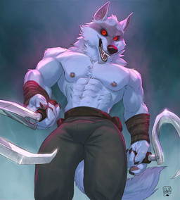 abs anthro arm_wraps black_nose bottomwear claws clothed clothing dual_wielding fangs holding_object holding_weapon looking_at_viewer male muscular muscular_anthro muscular_male pants red_eyes sickle simple_background solo tail teeth topless weapon wraps lion21 dreamworks puss_in_boots_(franchise) death_(puss_in_boots) canid canine canis mammal wolf 2023 digital_media_(artwork) hi_res