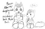 2017 animal_crossing anthro apron blush breasts cleavage clothed clothing daughter_(lore) dialogue domestic_cat dress duo english_text eyelashes eyes_closed eyeshadow felid feline felis female fur hair kaitlin_(animal_crossing) katie_(animal_crossing) kneeling lipstick makeup mammal monochrome mother_(lore) mother_and_child_(lore) mother_and_daughter_(lore) nintendo open_mouth parent_(lore) parent_and_child_(lore) parent_and_daughter_(lore) roy_mccloud simple_background speech_bubble text white_background young