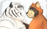 anthro biped black_nose brown_body duo male nose_kiss pink_nose white_body lentejota6 canid canine felid mammal pantherine raccoon_dog tanuki tiger 2022 hi_res