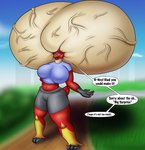 anthro big_brain big_breasts big_cranium blue_clothing blue_eyes blue_shirt blue_topwear blush bottomwear brain_expansion brain_growth breasts clothing cranium_growth dialogue expansion eyelashes female grey_bottomwear grey_clothing grey_shorts huge_brain huge_breasts huge_cranium hyper hyper_brain hyper_cranium looking_at_viewer navel open_mouth open_smile outside pink_tongue red_body red_tail scut_tail shirt short_tail shorts shy smile smiling_at_viewer solo speech_bubble tail text thick_thighs tongue topwear vein veiny_head yellow_sclera xxsilverflarexx nintendo pokemon blaziken generation_3_pokemon pokemon_(species) 2024 colored digital_media_(artwork) english_text hi_res shaded