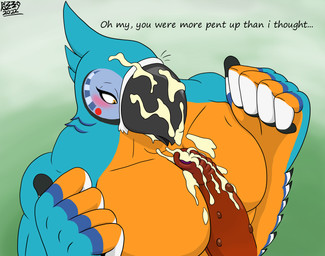 anthro blush bodily_fluids cum dialogue duo genital_fluids genitals humanoid_genitalia humanoid_penis male male/male pecjob pecs penis sex text warts pizzaozzy breath_of_the_wild nintendo the_legend_of_zelda kass_(tloz) avian bird blin_(tloz) bokoblin rito absurd_res english_text hi_res