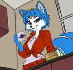 anthro beverage blue_body blue_fur blue_hair butter clothed clothing coffee container cup dairy_products female food fully_clothed fully_clothed_anthro fur green_eyes hair holding_container holding_cup holding_object jewelry kitchen looking_at_viewer mug red_clothing red_shirt red_topwear shirt smile solo topwear mercrantos nintendo star_fox krystal_(star_fox) canid canine fox mammal absurd_res digital_media_(artwork) hi_res