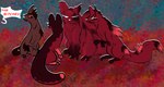 claws female feral fur gradient_markings group notched_ear plant profanity red_body scar simple_background sitting speech_bubble square_crossover text white_eyes white_nose kayw2324 rain_world videocult artificer_(rain_world) slugcat english_text hi_res