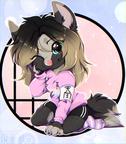 animal_ears anthro blep blonde_hair blue_eyes brown_hair chibi circle_background claws clothing female fluffy fluffy_tail footwear hair kneeling legwear long_hair long_sleeves looking_at_viewer multicolored_hair one_eye_closed pattern_clothing pattern_footwear pattern_legwear pattern_socks pattern_stockings pink_claws pink_clothing pink_inner_ear pink_nose pink_sweatshirt purple_claws shoji smile socks solo stockings striped_clothing striped_footwear striped_legwear striped_socks striped_stockings stripes sweater sweatshirt tail text thigh_highs tongue tongue_out topwear wink shyryp canid canine canis mammal wolf digital_media_(artwork) hi_res