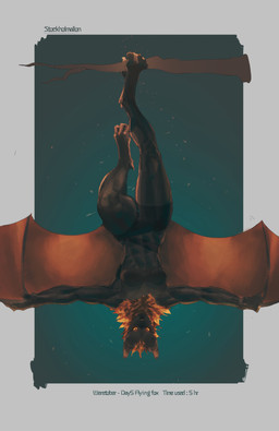 breasts fur hanging_by_feet hanging_upside_down membrane_(anatomy) membranous_wings orange_body orange_eyes orange_fur solo text upside_down wings stockholmalion weretober bat flying_fox mammal megabat absurd_res artist_name english_text hi_res letterbox signature