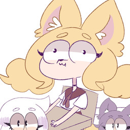 anthro blonde_hair clothing derp_eyes female fur group hair humor purple_hair school school_uniform smile uniform white_clothing white_hair cyanlafurra cyan_la_gata animal_humanoid canid canine canis domestic_cat felid feline felis humanoid mammal wolf 1:1 hi_res
