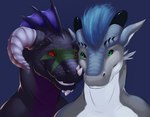 anthro black_body black_scales black_sclera duo green_eyes horn male red_eyes red_sclera romantic romantic_couple scales smile white_body white_scales darkgem mythology drion fredrik dragon mythological_creature mythological_scalie scalie bust_portrait portrait