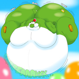 air_inflation anthro belly belly_expansion big_belly big_butt big_cheeks big_moobs black_eyes blue_sky blurred_background body_inflation brown_clothing brown_footwear brown_shoes butt butt_expansion butt_squish clothing cloud creaking creaking_belly expansion floating footwear green_body green_tail huge_belly huge_butt huge_moobs hyper hyper_belly hyper_butt hyper_inflation hyper_moobs immobile inflation male moob_expansion moobs motion_lines multicolored_body onomatopoeia outside power_balloon puffed_cheeks red_shell shell shoes sky solo sound_effects squish swelling tail text two_tone_body two_tone_tail white_body white_tail worried pt80s0up mario_bros nintendo yoshi_(character) green_yoshi yoshi 1:1 2026 colored digital_media_(artwork) hi_res shaded