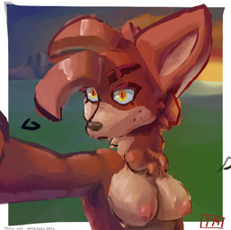 anthro border breasts crossgender female fluffy foreshortening freckled_face freckles mtf_crossgender nipples outside outstretched_arm pupils selfie sky slit_pupils solo sunset white_border yellow_eyes teamilkshake five_nights_at_freddy's five_nights_at_freddy's_2 five_nights_at_freddy's_3 scottgames foxy_(fnaf) canid canine fox mammal half-length_portrait portrait