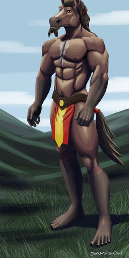 5_fingers 5_toes abs anthro athletic athletic_anthro athletic_male bottomwear brown_body brown_fur brown_hair clothed clothed_anthro clothed_male clothing feet fingers fur hair humanoid_feet humanoid_hands loincloth loincloth_only male navel nipples outside plantigrade pubes solo standing toes topless topless_anthro topless_male sampsonwoof equid equine horse mammal hi_res